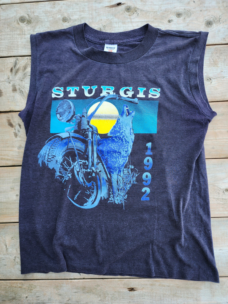 Vintage 1992 Sturgis Bike Week, Wolf and Motorcycle Sleeveless (Men's Medium)