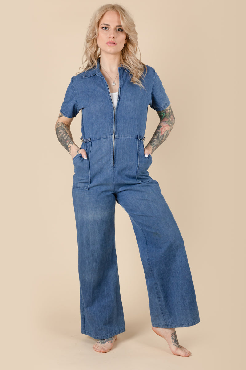 1970's Vintage Flared Jeans Coveralls| Soft Denim Zip Up 
