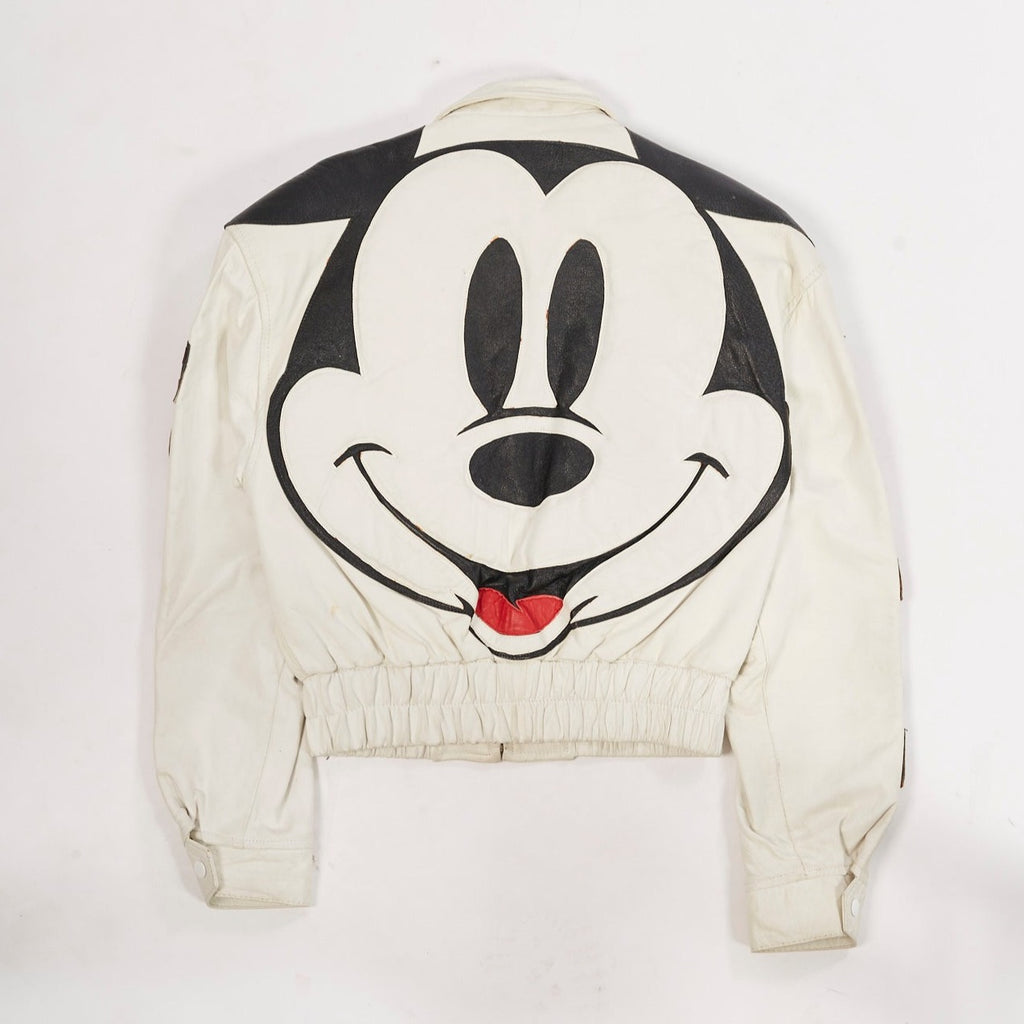 1980's-90's Rare  Vintage White Mickey Mouse Leather Jacket Mickey Mouse Bomber Jacket Mickey Mouse Jacket (men's Boxy Small)
