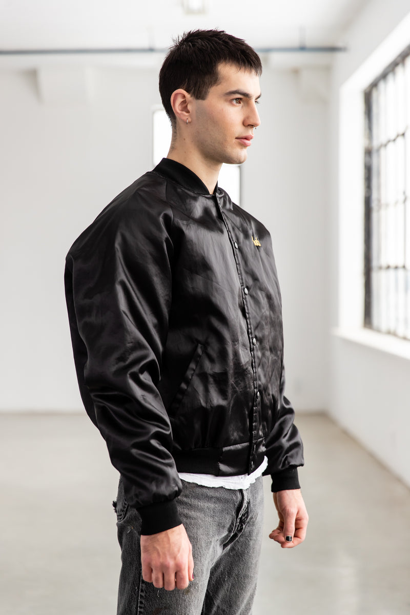 1980 s Vintage Black Satin Bomber Jacket Embroidered Gold Eagle Patch Men s Large Widow s Blow