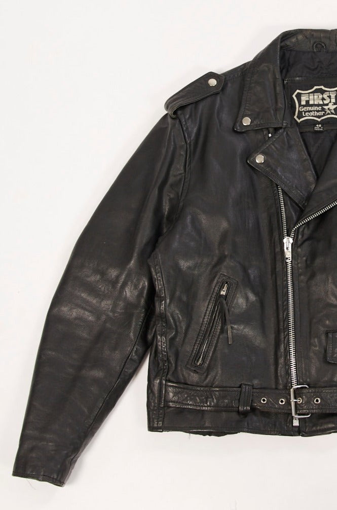 1990's Vintage First Genuine Leather Moto Jacket| Black Leather Jacket Perfecto| Classic Black Moto Jacket (Men's Extra Large or Size 48)
