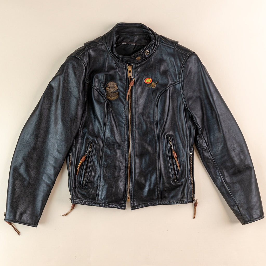 Vintage 1980's Leather Cafe Racer Jacket  HOG Biker Leather Jacket  Vintage Moto Jacket with biker pins (women's Small)
