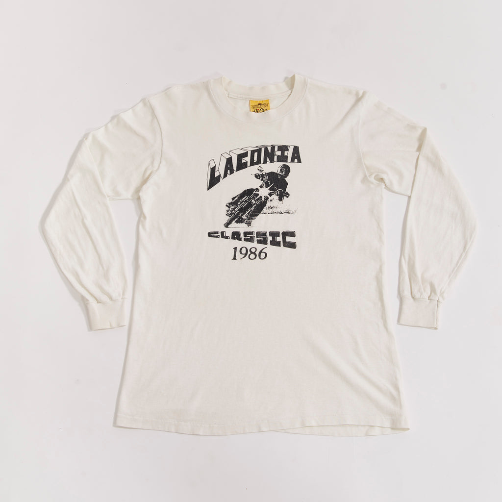Vintage 1986 Laconia Classic Rally long-sleeve  white rally shirt  Vintage 80's motorcycles rally Vintage Motorcycle Shirt Men's Small