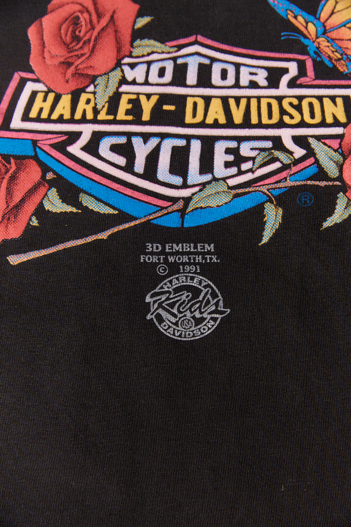 Vintage 1991 Harley-Davidson 3D Emblem Long-Sleeve| Harley Logo | roses & butterfly| Motorcycle Graphic t-Shirt| (Men's Extra Small)
