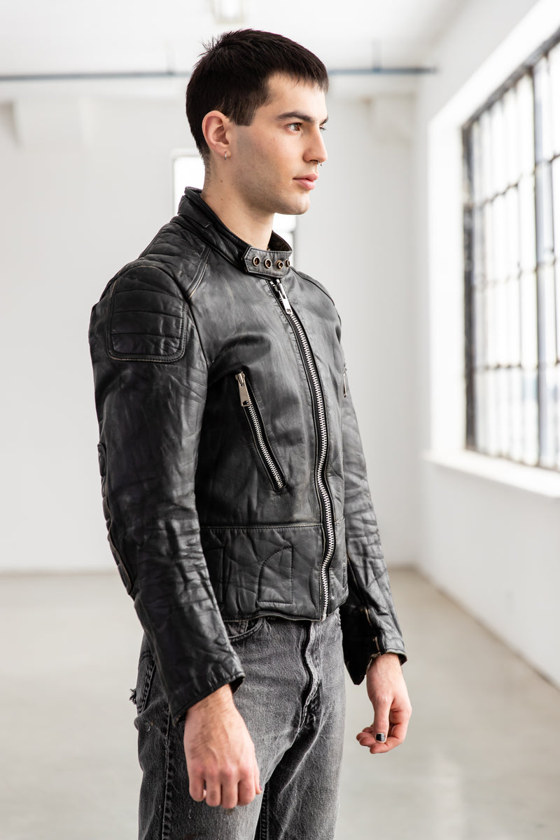 Vintage 1980 s Quilted Leather Cafe Racer Jacket Biker Leather Jacket Vintage leather moto Jacket by Sears Men s 38 Widow s Blow