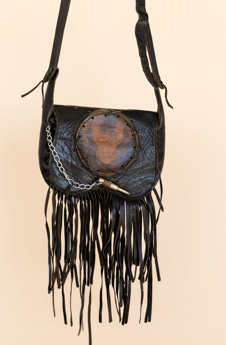 1980's Harley-Davidson Fringe Leather Tooled Bag with Bullet chain –  Widow's Blow