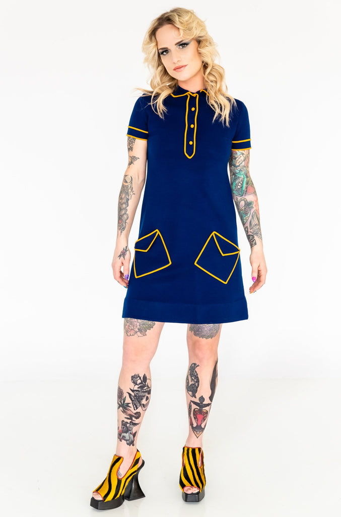 1960's Mod Blue & Yellow Jersey Twiggy Dress
