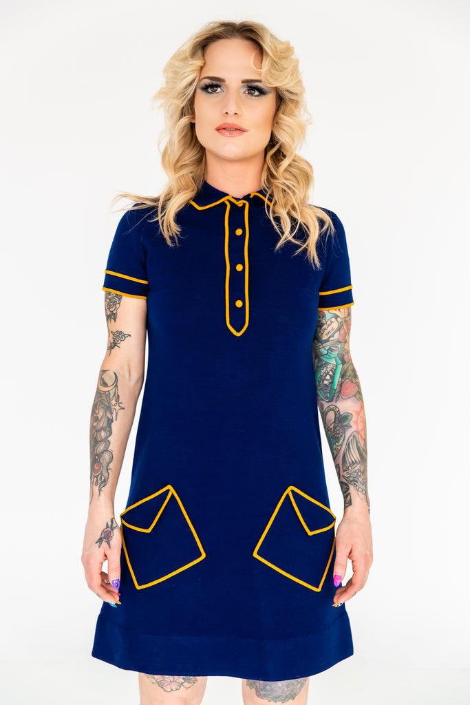 1960's Mod Blue & Yellow Jersey Twiggy Dress