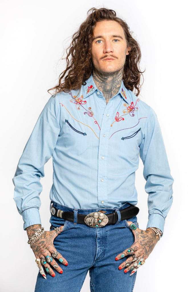 1970's Rocking K Ranchwear by Kennington Western Shirt | Vintage Chambray Western shirt| Blue Western embroidered Shirt  (Men's Small)