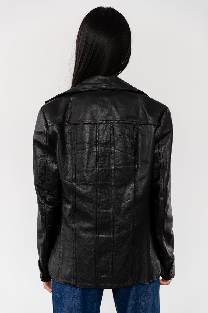 1970's Disco Black Leather Jacket With Dagger Collar