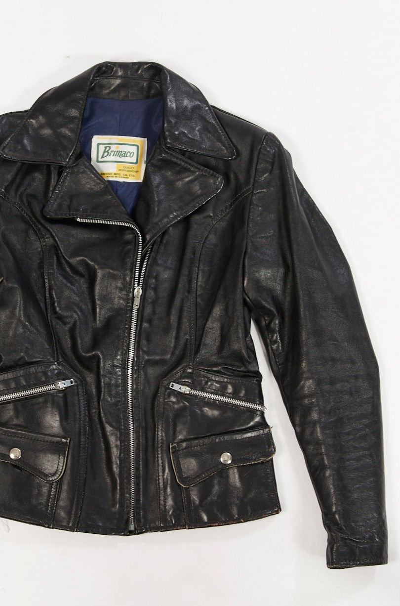 1970's Vintage Brimaco Leather Cafe racer Jacket| Acme Zippers| Vintage  women's cafe racer| Black Moto jacket (women's extra small)