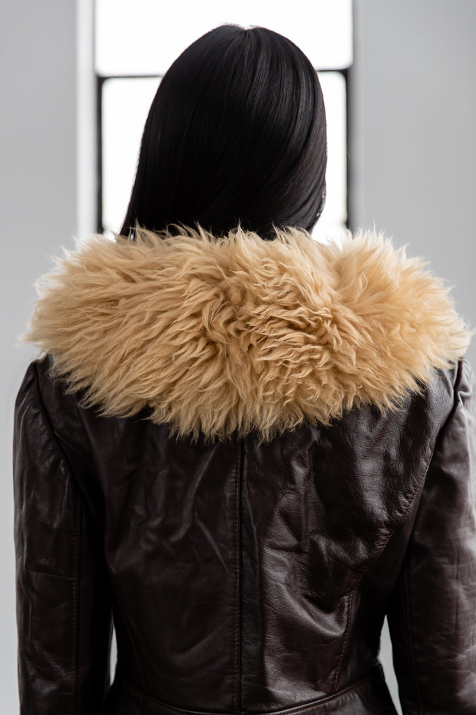 1970's Chocolate Brown Leather Jacket With Sheep Shearling Fur Collar