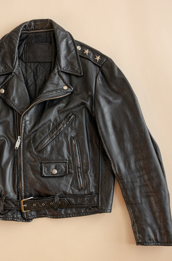 1970's Vintage Leather Moto Jacket| 2 stars Studs| Schott Style| Talon Zippers| Quilted Perfecto Jacket| missing labels (men's Large)