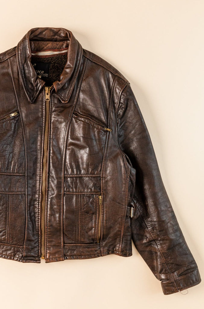 1970's Vintage Lesco Leathers Jacket  Brown Moto Leather Jacket Dagger Collar Rocker Jacket Lined Leather Jacket (men's 46)