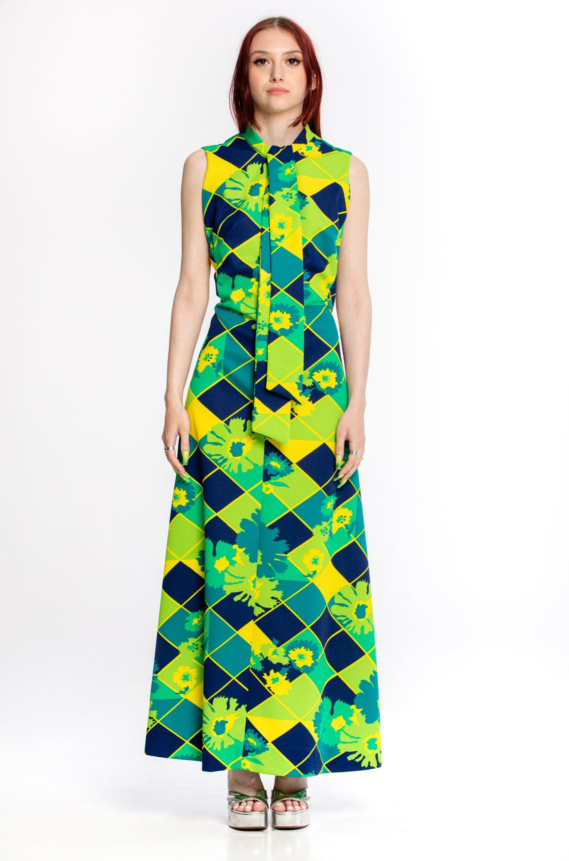 1970's Vintage Maxi Dress Yellow, Blue, Green Psychedelic Neon Geometr Widow's Blow 1970's Vintage Maxi Dress Yellow, Blue, Green Psychedelic Neon Geometr Widow's Blow