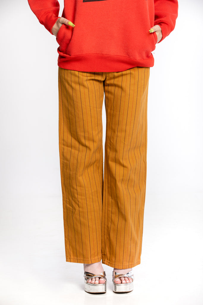 1970's Vintage Pinstriped Straight Leg Trouser | Vintage Mustard Brown and Red Striped Trousers with Lightning Zipper ( Women's 25)