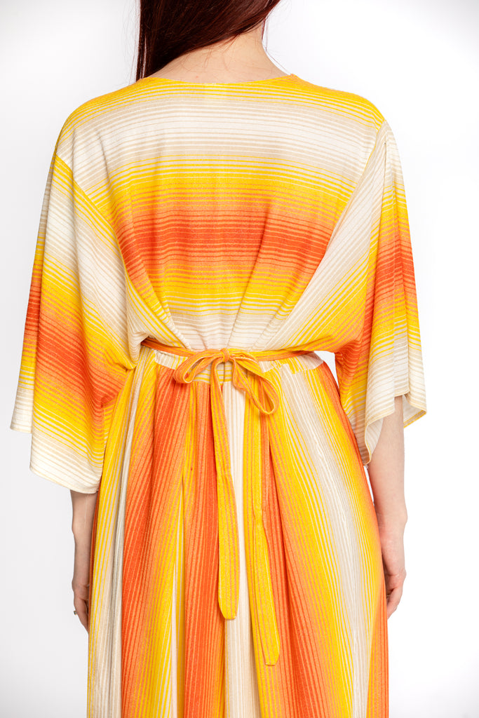1970's Vintage Light Terry Cloth Maxi Dress with Bat wing sleeves | Sunset Stripes | Yellow orange  & white striped dress (women's Medium)