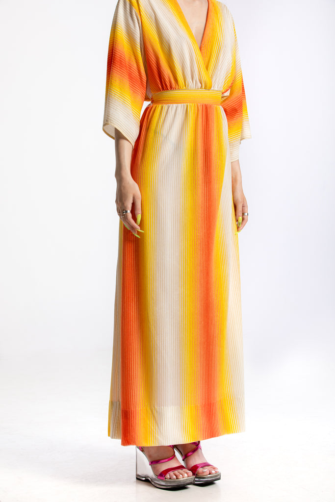 1970's Vintage Light Terry Cloth Maxi Dress with Bat wing sleeves | Sunset Stripes | Yellow orange  & white striped dress (women's Medium)