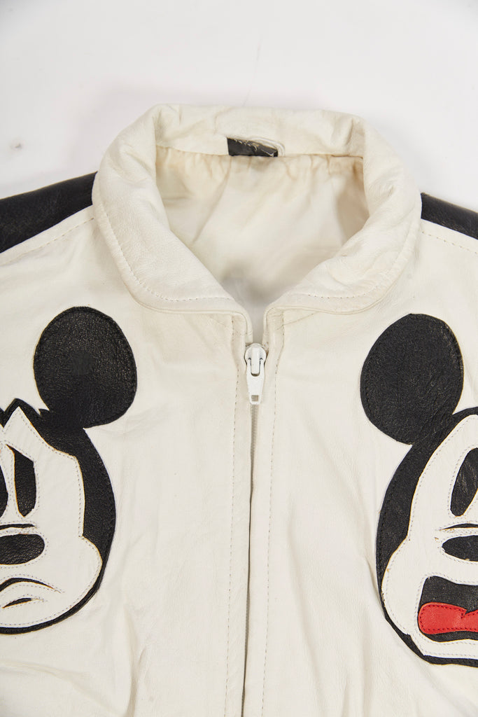 1980's-90's Rare  Vintage White Mickey Mouse Leather Jacket Mickey Mouse Bomber Jacket Mickey Mouse Jacket (men's Boxy Small)