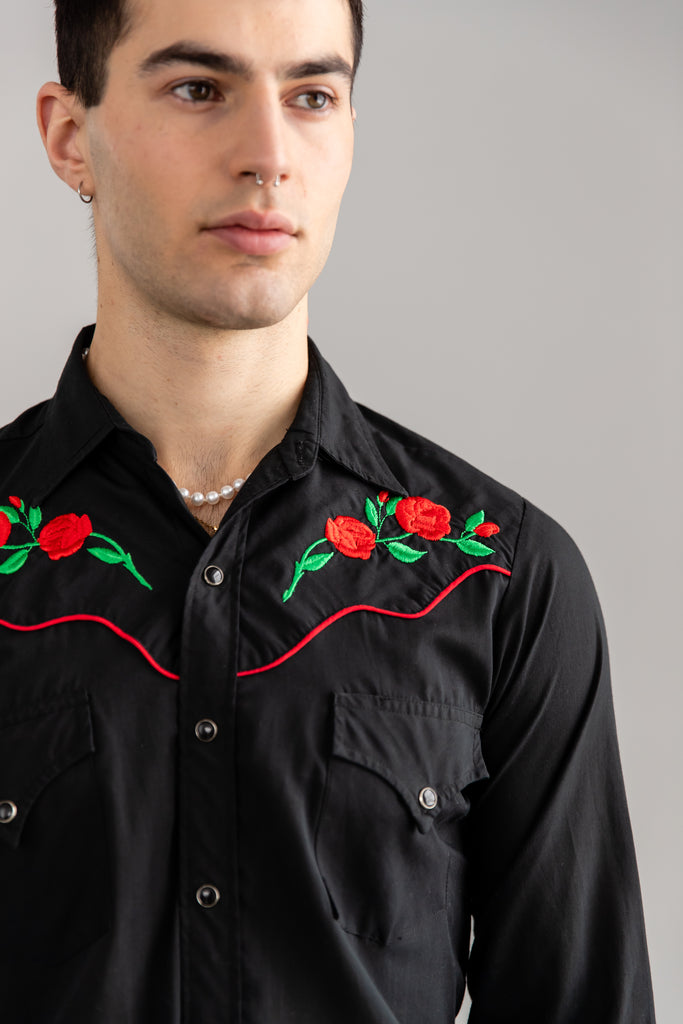 1980's Black Western Roses Embroidered Button up Shirt by Sheplers