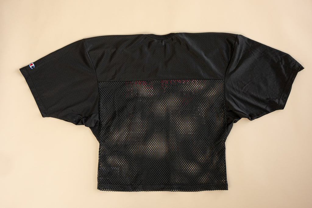 1980's Champion Mesh Jersey| Boxy Sport Jersey| Made in USA| ''senior Men 90'' Vintage champion jersey| Black Cropped Jersey (men's large)