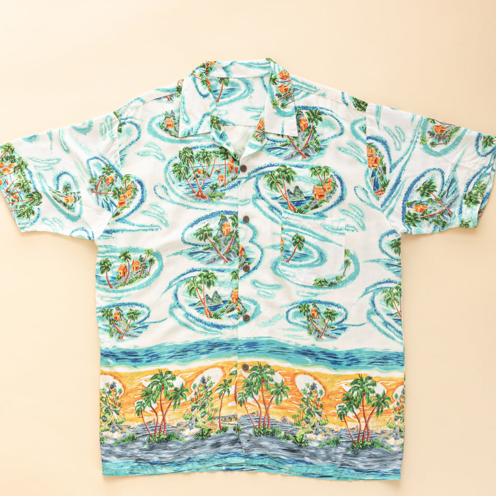 1980's Hawaiian Button up | Flowy modal vacation shirt| Short sleeves Button up| Palm Trees & ocean| Tiki Shirt| (Men's XL)