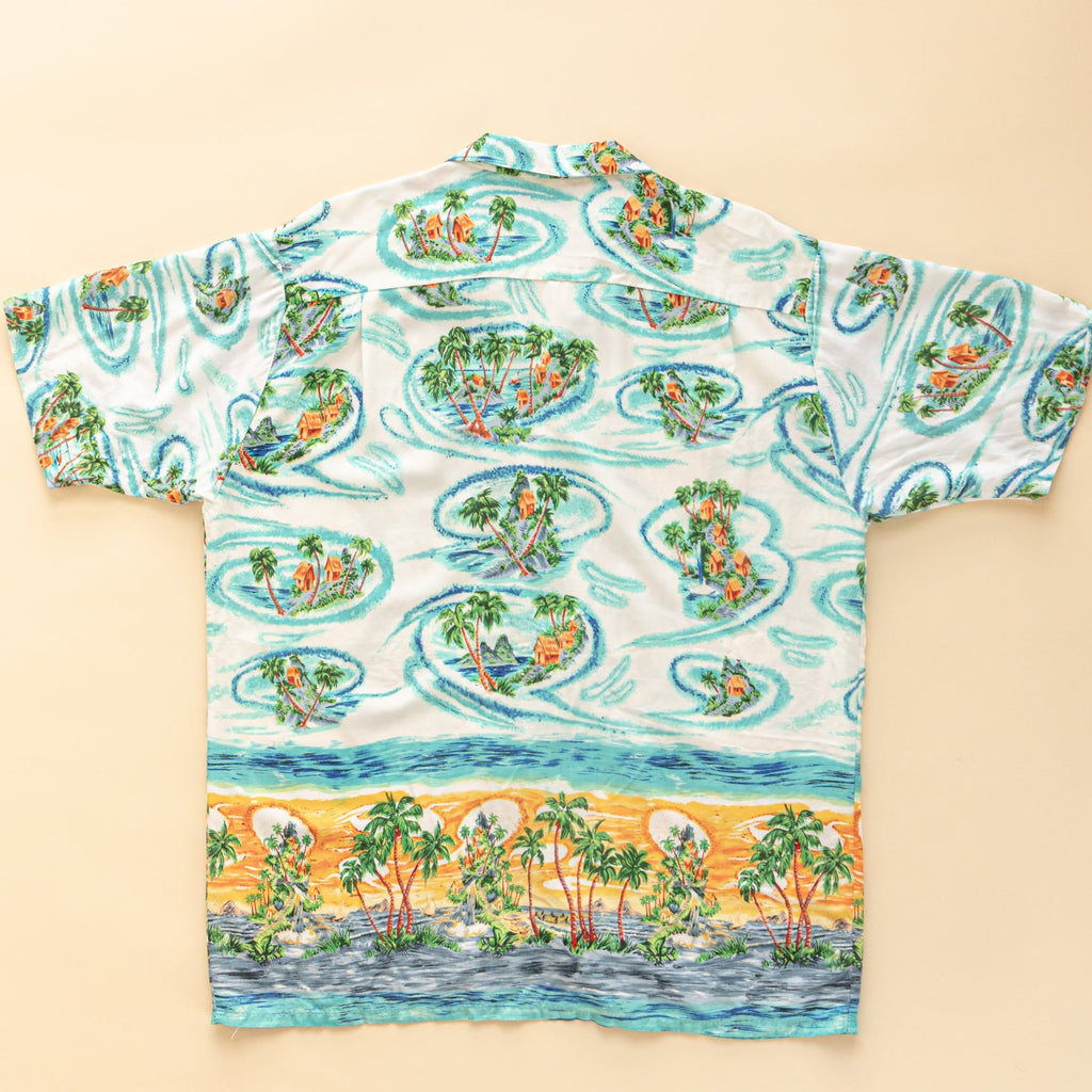 1980's Hawaiian Button up | Flowy modal vacation shirt| Short sleeves Button up| Palm Trees & ocean| Tiki Shirt| (Men's XL)