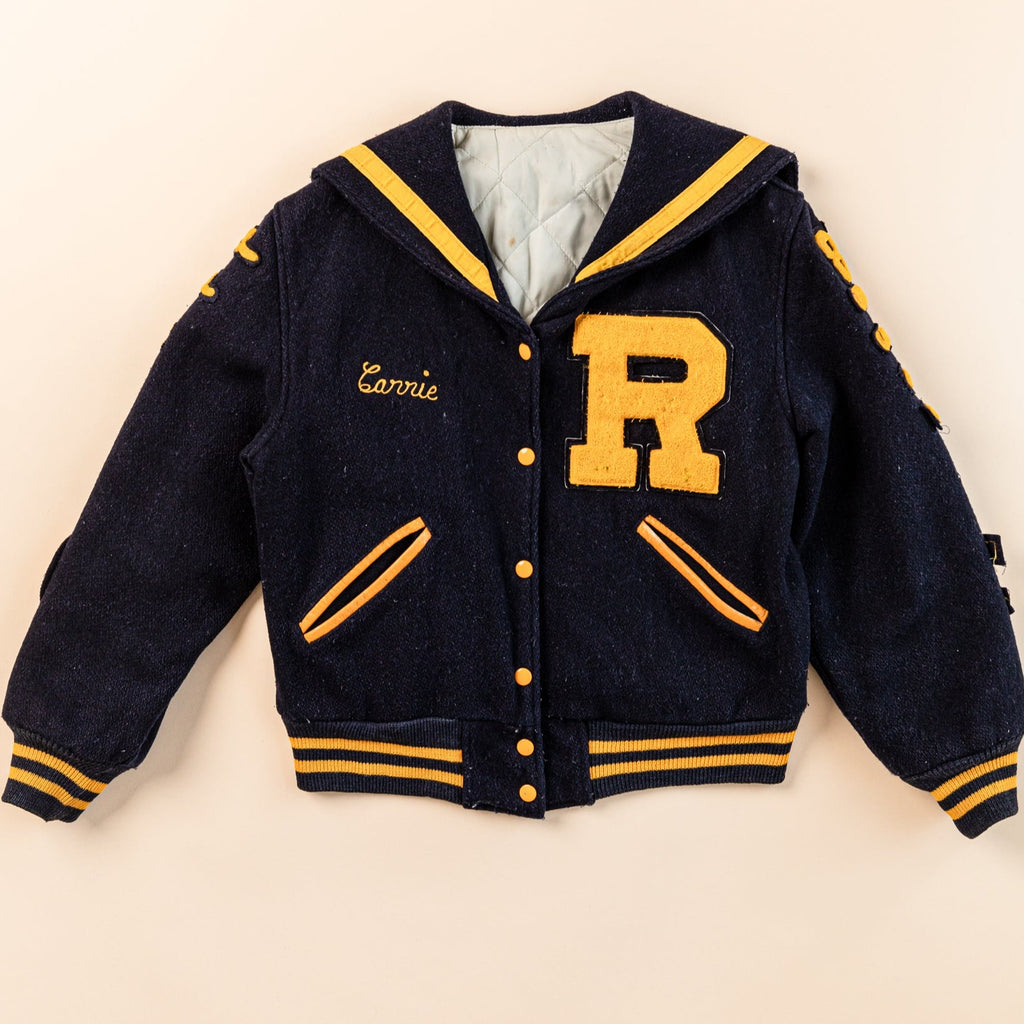 1980's Irish chainstitch Letterman Jacket  butwin jacket  Vintage Varsity Blue Wool, Yellow Embroidery, Standard Pennant (Men's Small)
