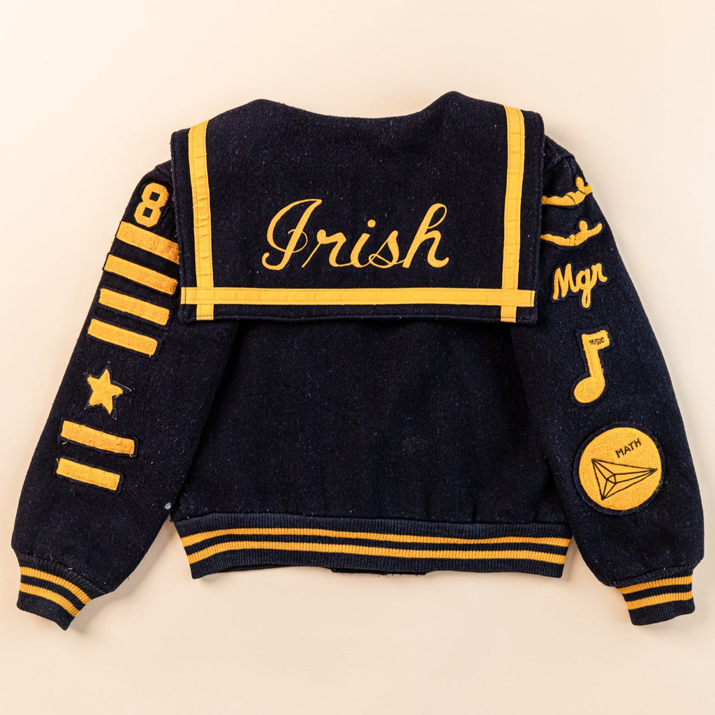 1980's Irish chainstitch Letterman Jacket  butwin jacket  Vintage Varsity Blue Wool, Yellow Embroidery, Standard Pennant (Men's Small)