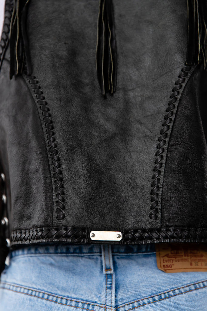1980's Vintage Black Leather Tassel Fringe Vest