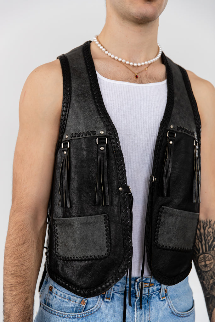 1980's Vintage Black Leather Tassel Fringe Vest
