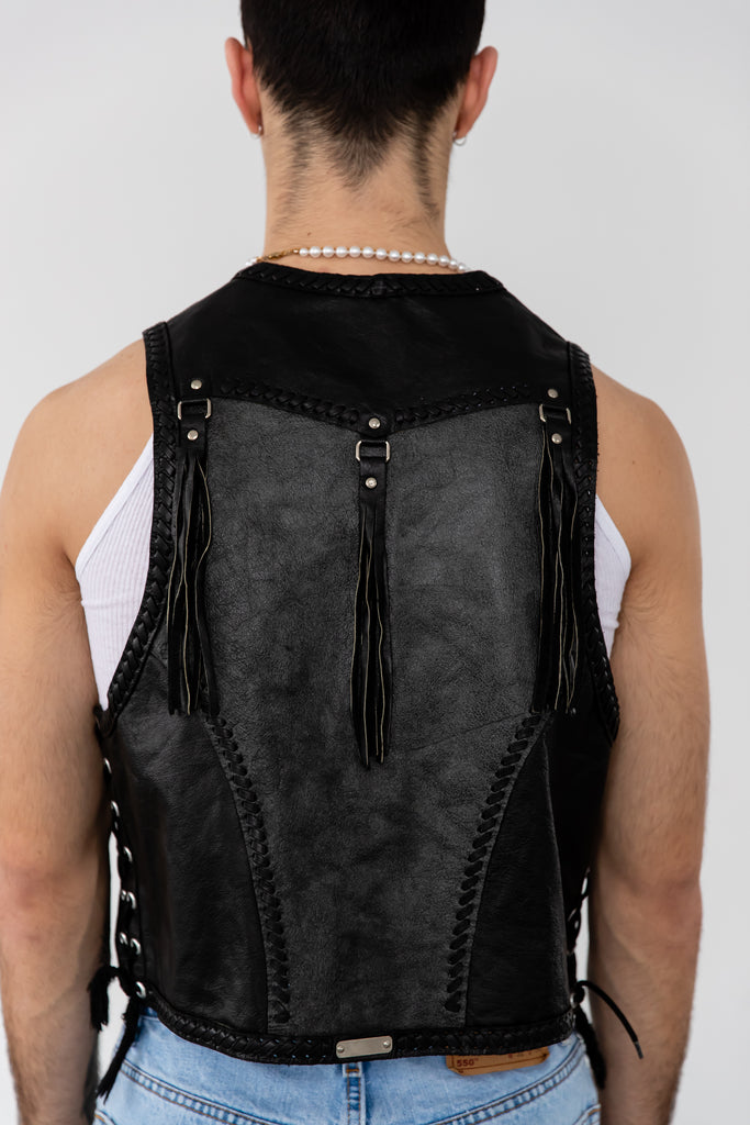 1980's Vintage Black Leather Tassel Fringe Vest