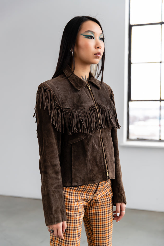 1980's Brown Heavy Suede With Fringe Western Fitted Jacket