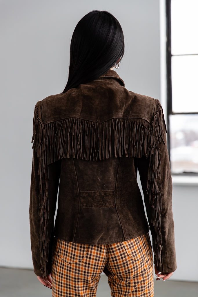 1980's Brown Heavy Suede With Fringe Western Fitted Jacket