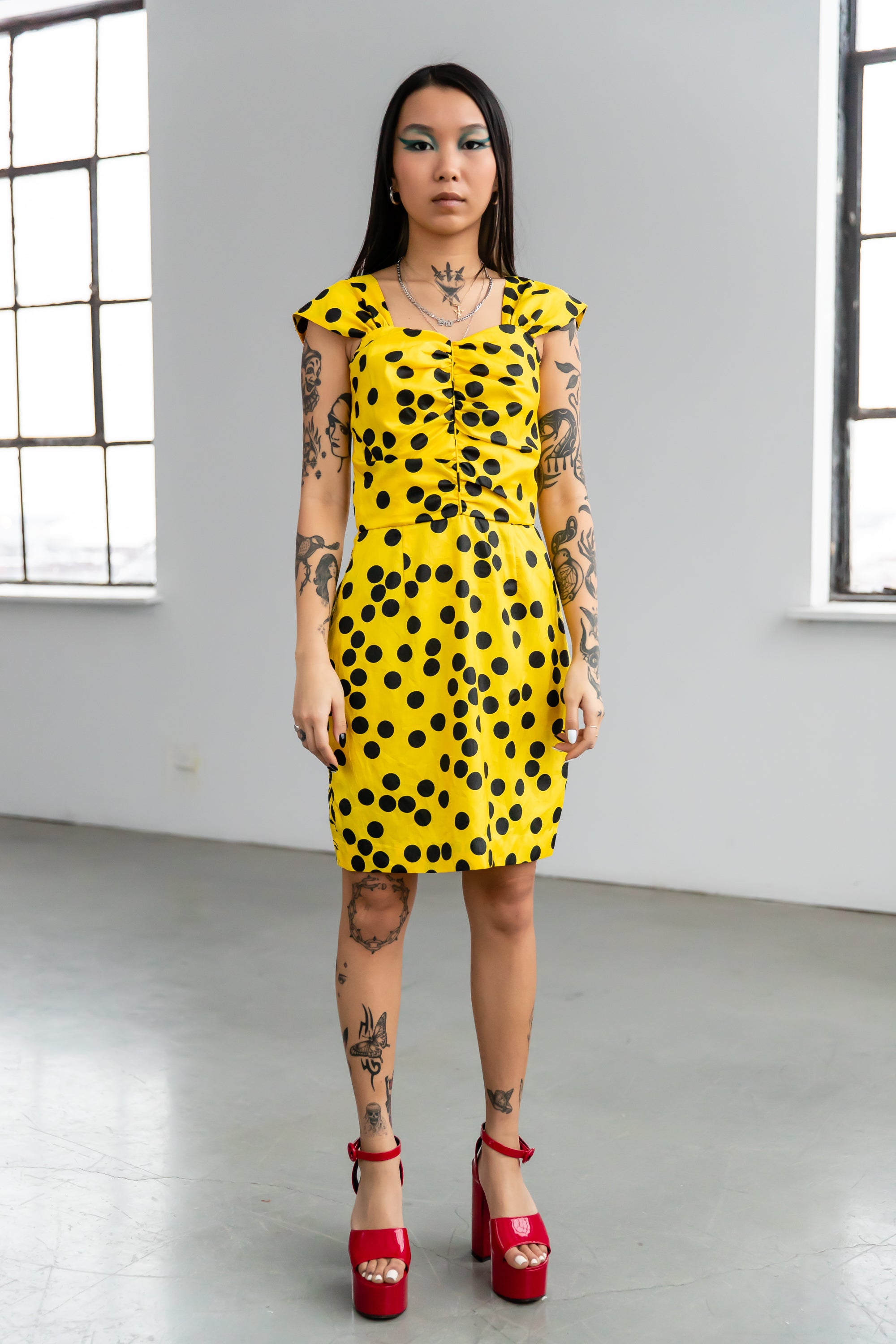 1980's Vintage Yellow Polka Dot Mini Dress with Floral Print Widow's Blow 1980's Vintage Yellow Polka Dot Mini Dress with Floral Print Widow's Blow