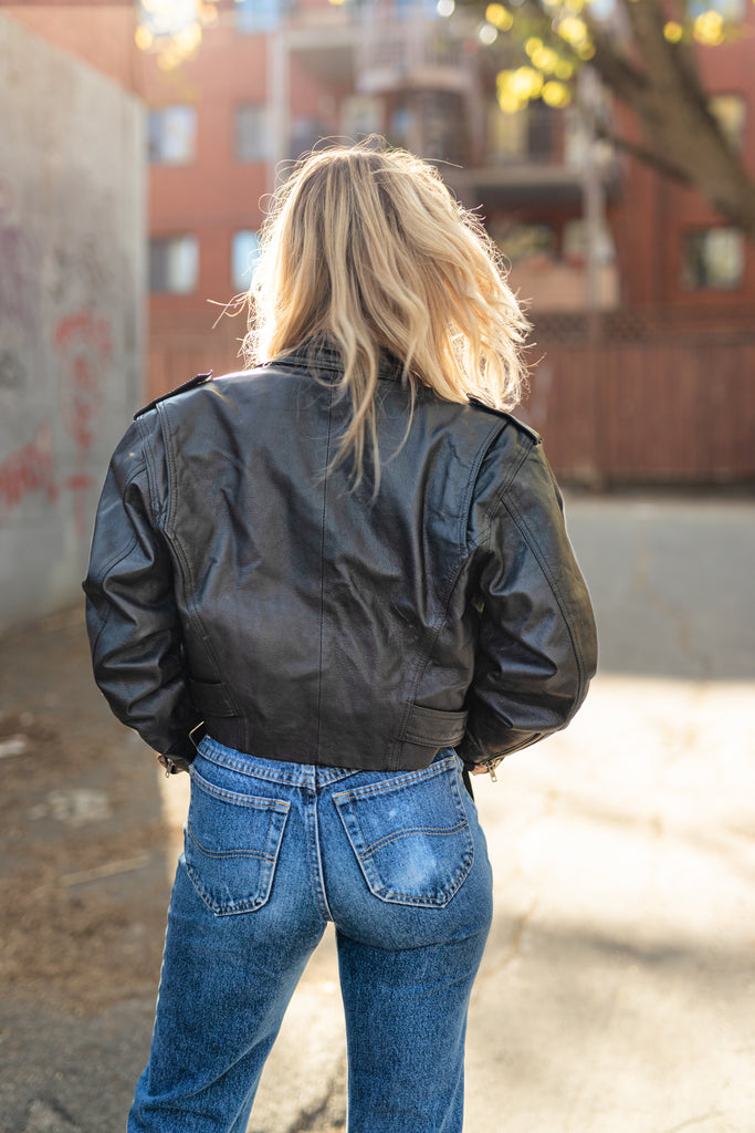1990's Hot Cropped Black Leather Perfecto Jacket By Wilson