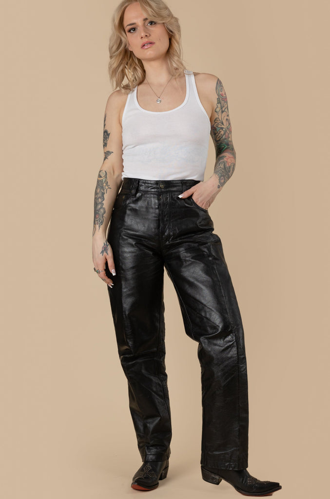 1990's Vintage black leather pants| High Waisted  tapered leg| Soft Leather Trouser| Black Trouser Pants| Biker Leather Pants (size 32)