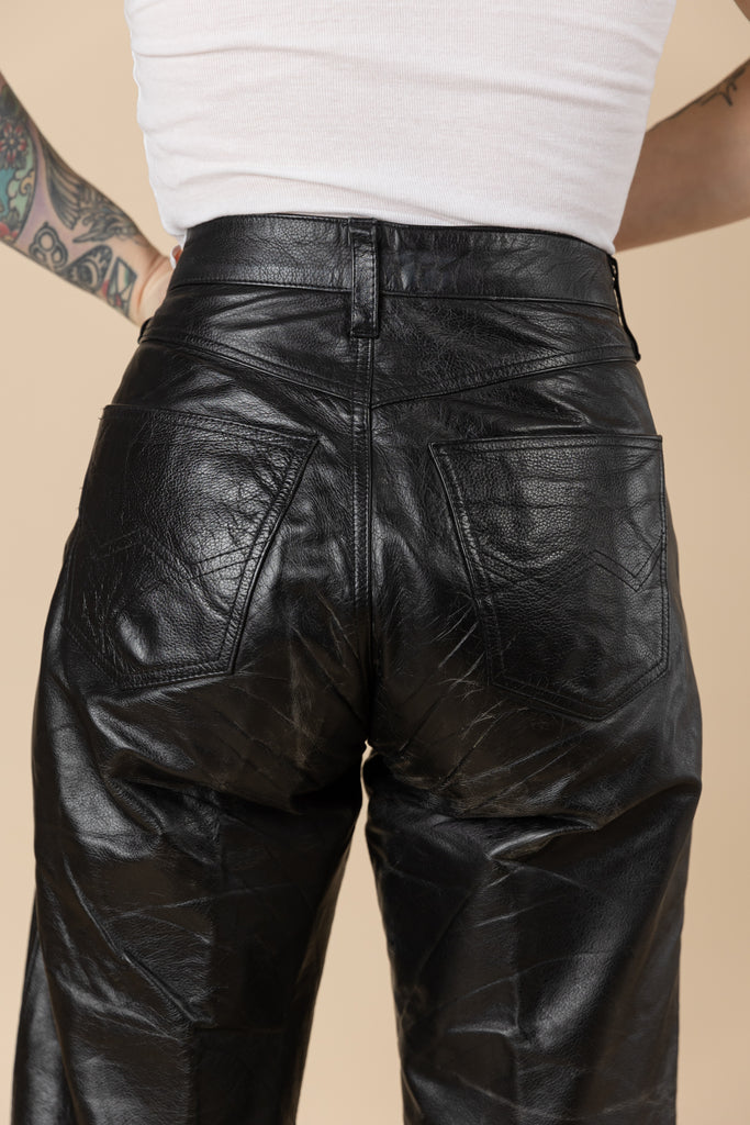 1990's Vintage black leather pants| High Waisted  tapered leg| Soft Leather Trouser| Black Trouser Pants| Biker Leather Pants (size 32)