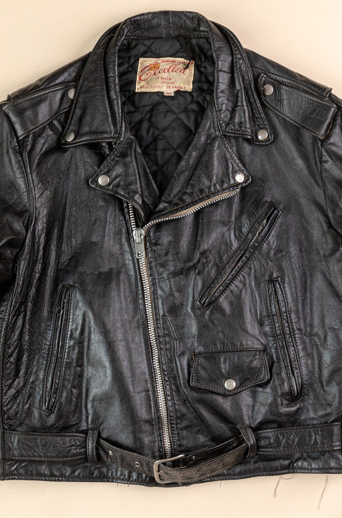 60's-70's Excelled Leather Perfecto Jacket | Black Leather Moto Jacket | Vintage Leather Biker Jacket Made in U.S.A. (Men's Large/ 44)