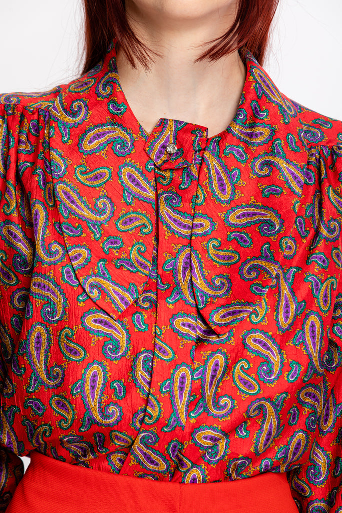 70's Satin Blouse | Vintage 1970's Red Paisley Satin Shirt by Laura & Jayne Western Dog Eared Button Down Shirt (Women's medium)