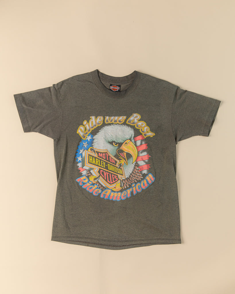 90's Vintage Harley-Davidson T-Shirt | ''Ride The Best, Ride American'' t-shirt | Eagle Head American Flag t-shirt (Men's Large)