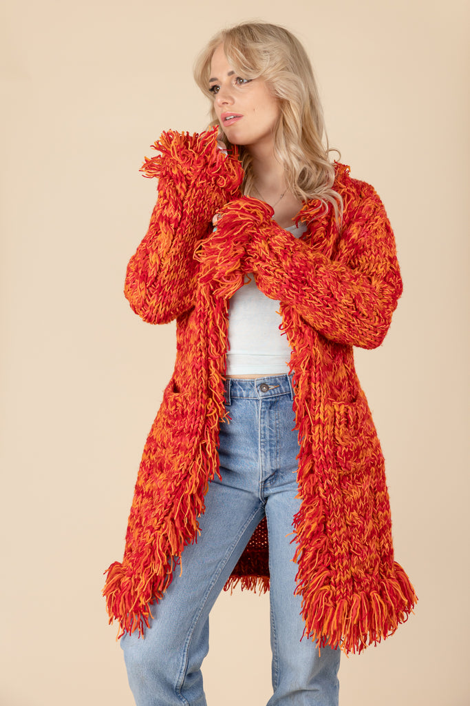 90's shaggy wool cardigan|  Red & Orange Knitted Wool| Vintage Long Knit Vest| Colourful Knit Fringe Cardigan (women's Small/Medium)