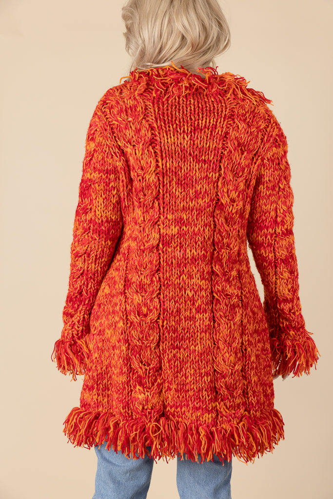90's shaggy wool cardigan|  Red & Orange Knitted Wool| Vintage Long Knit Vest| Colourful Knit Fringe Cardigan (women's Small/Medium)