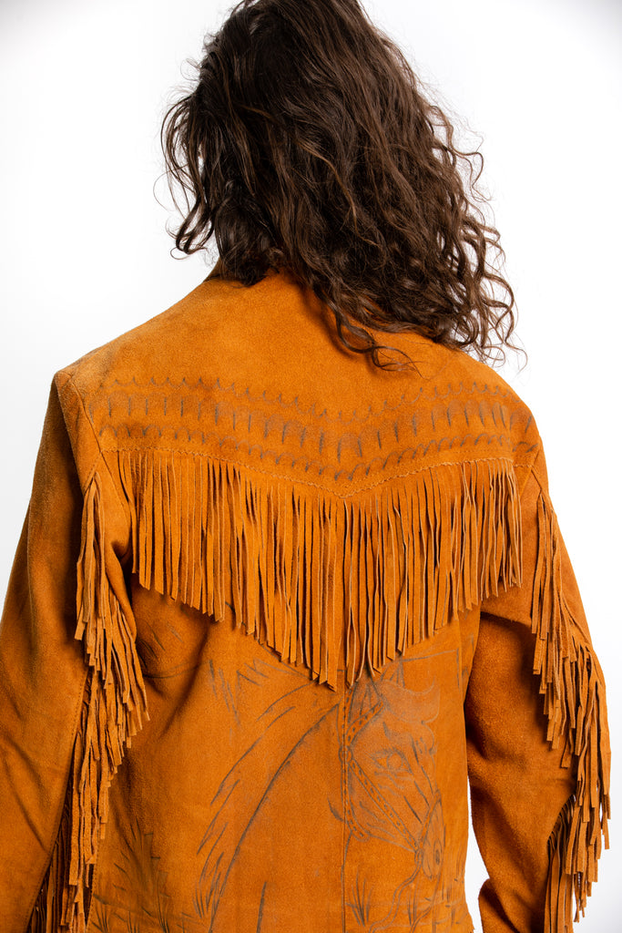 Vintage Fringed Suede Jacket Burnished Western Design (Men's Small - Medium)