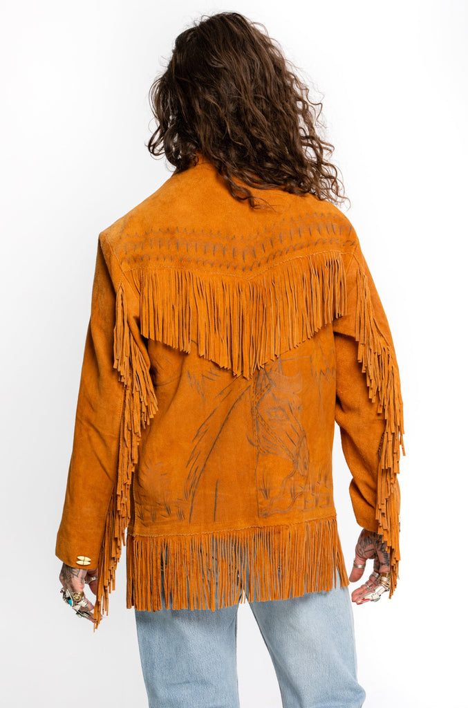 Vintage Fringed Suede Jacket Burnished Western Design (Men's Small - Medium)