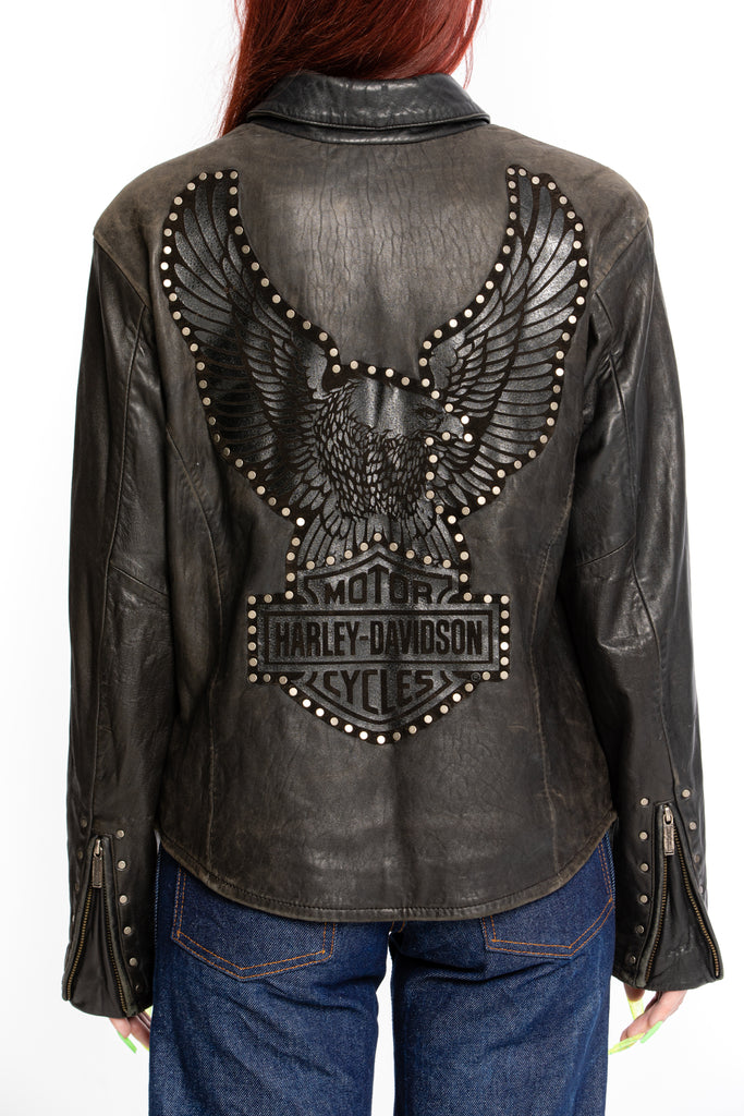 Harley-Davidson Jacket, Vintage Y2K Leather Moto Jacket  Leather biker jacket  Biker jacket with eagle studs patch (women's small)