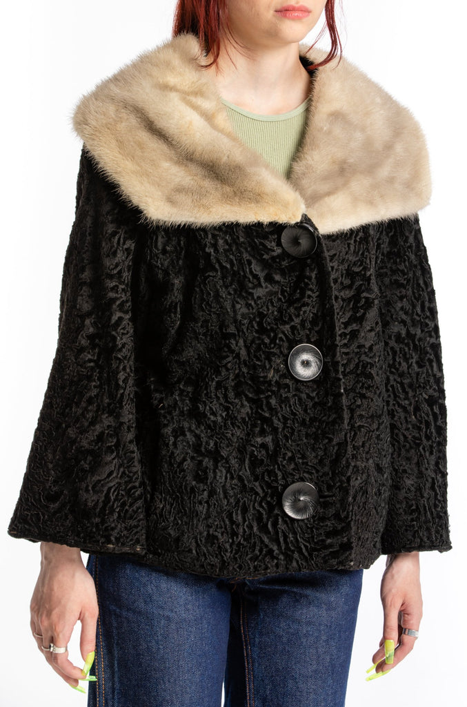 Vintage 1950's Black Persian lamb jacket with full mink collar| Mid century Fur Coat| Short Persian Lamb Coat| by Mandel's (women's small)