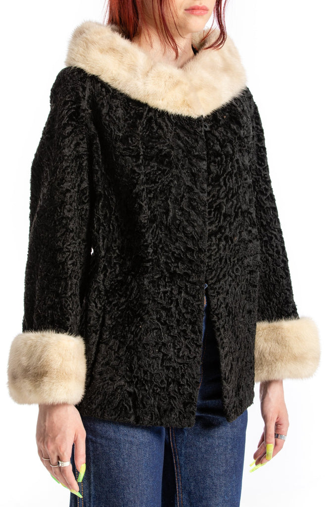 Vintage 1950's Black Persian lamb jacket with full mink collar and Cuffs Mid century Fur Coat Short Persian Lamb Coat (women's small)