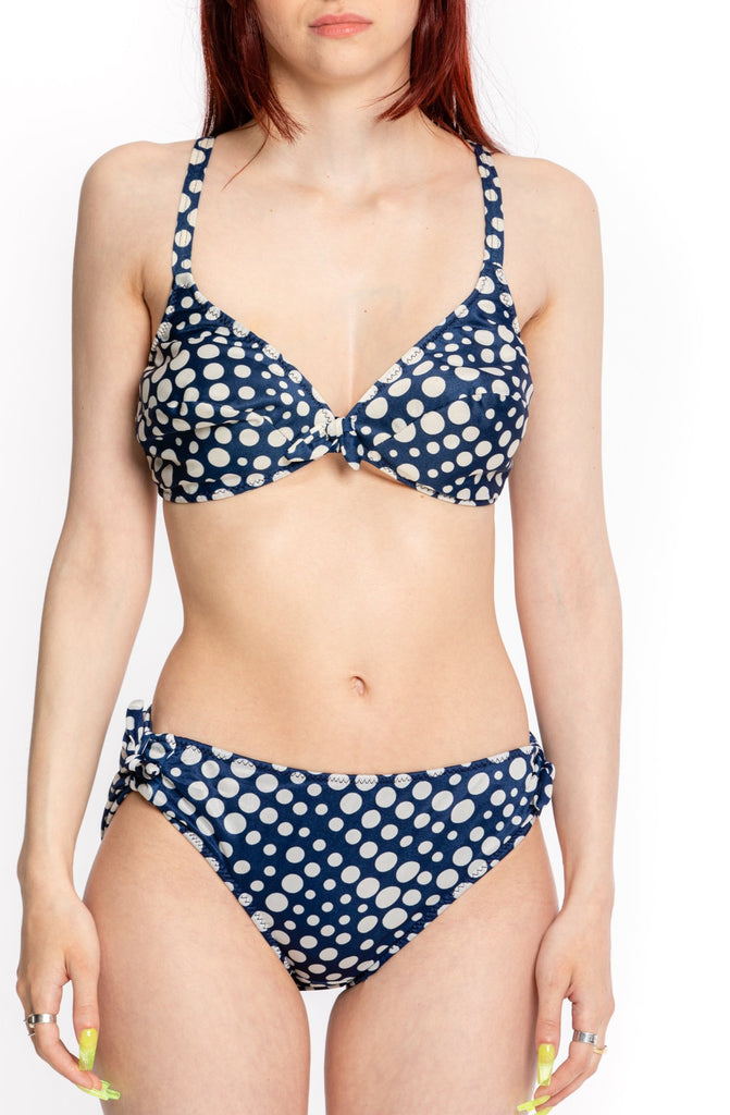 Vintage 1970's Pin Up Bikini | Blue and White Polka Dot 2 piece Swimsuit | By Exquisite Form (women's X-Small)
