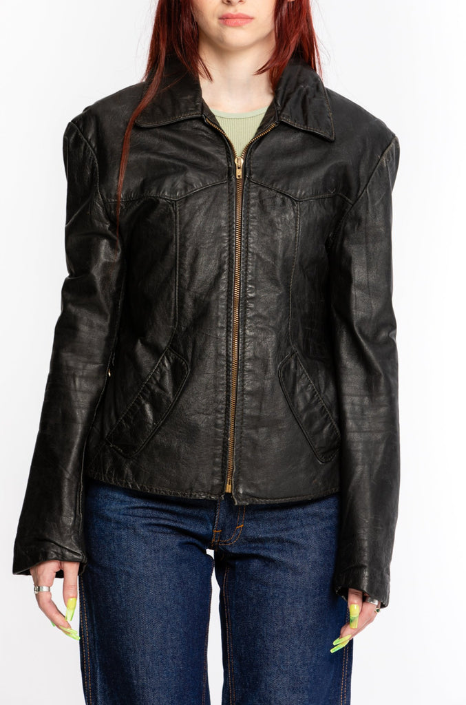 Vintage 1960's-70's Leather Jacket with Dagger Collar | Biker Leather Jacket (women's 36)